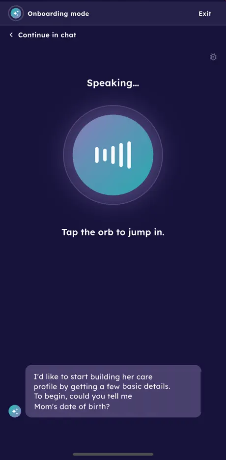 Neural app voice conversation asking for details to build a care profile