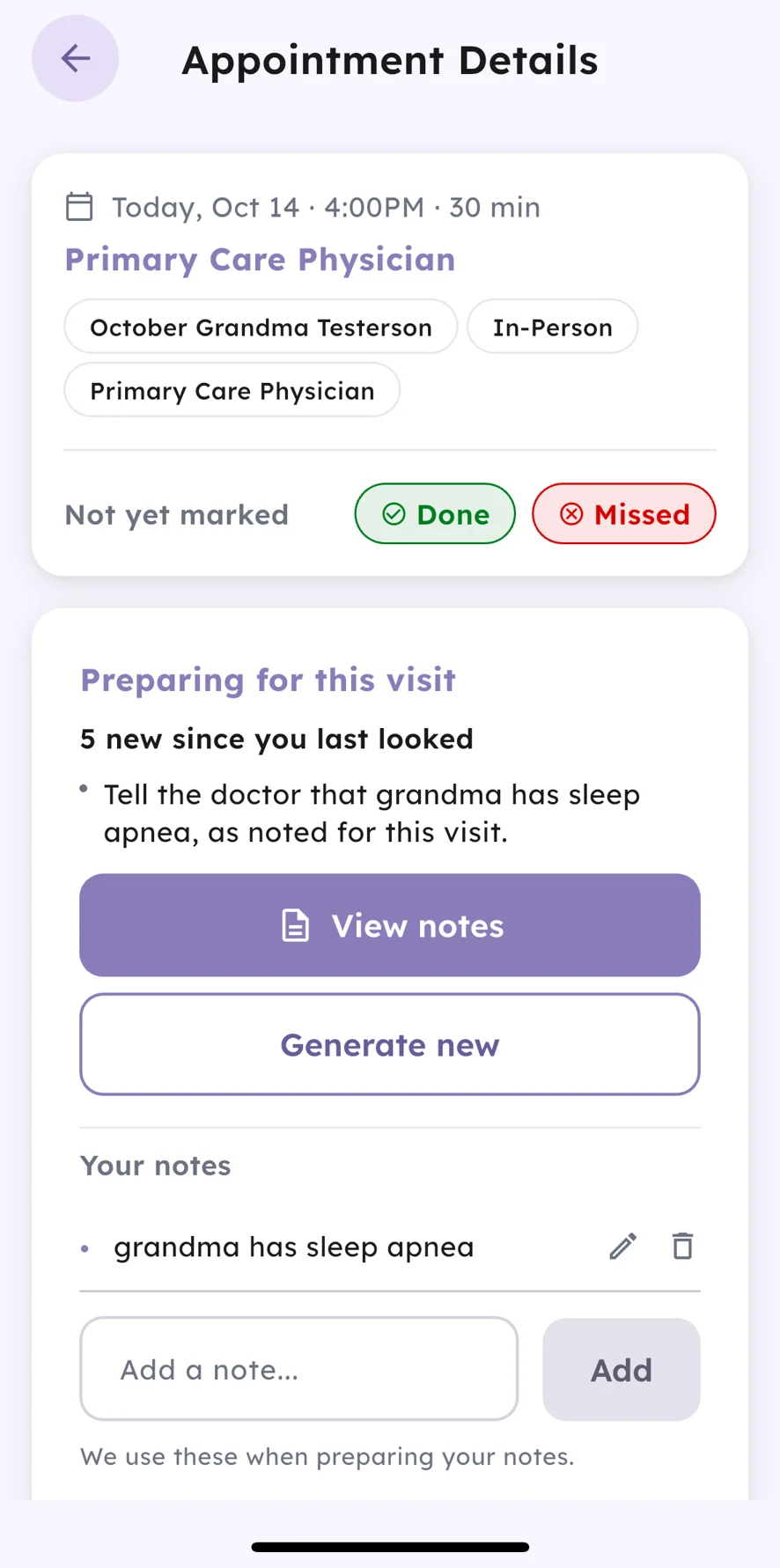 Neural appointment details screen with prep notes for an upcoming visit