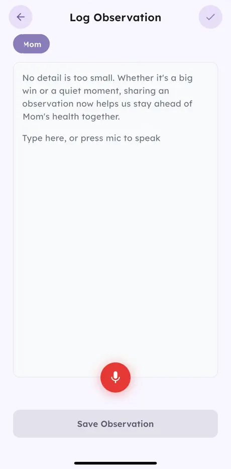 Neural app Log Observation screen with a text field, microphone and Save Observation button