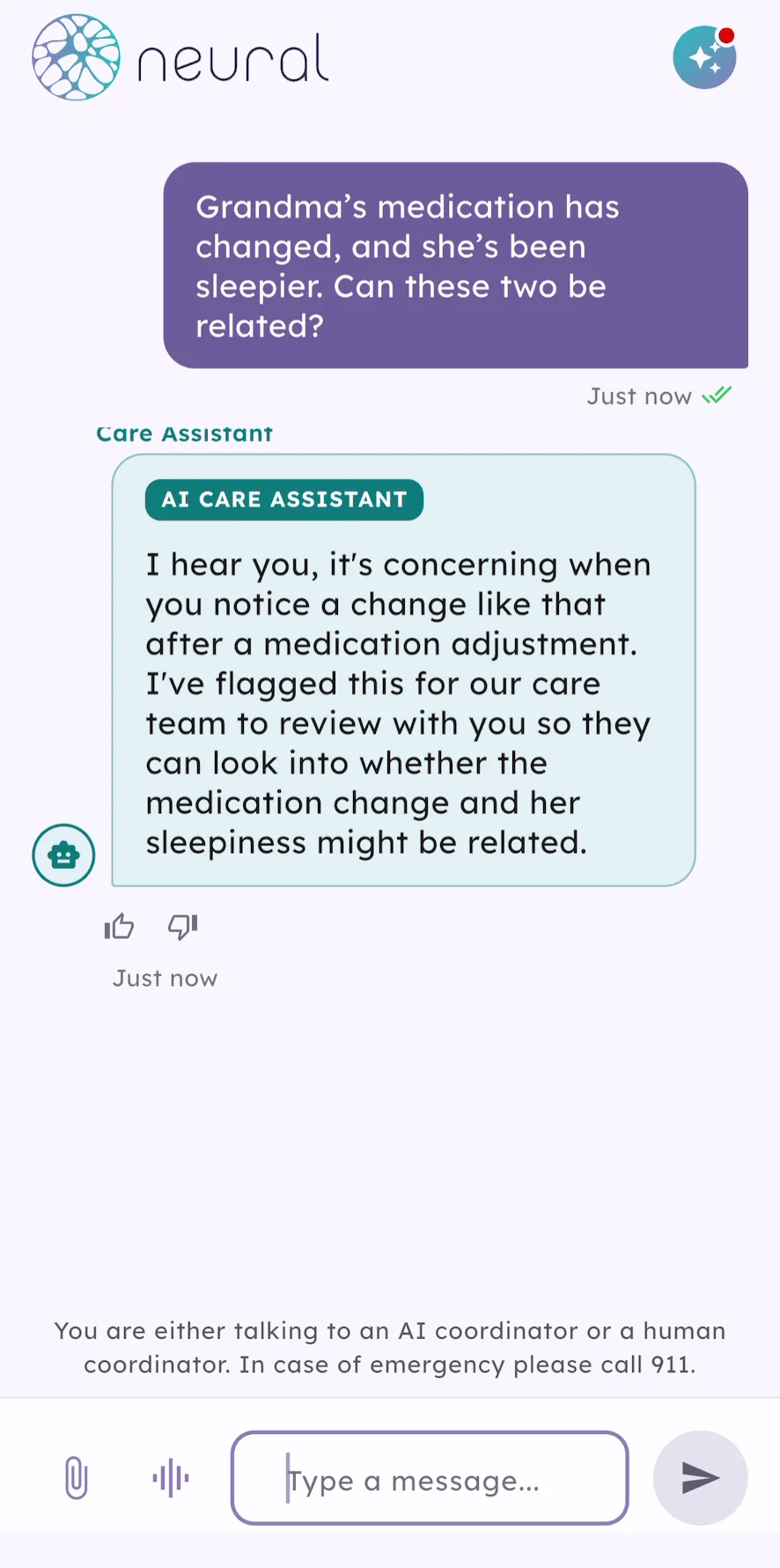 Neural chat where a caregiver asks about a medication change and Neural flags it for the care team