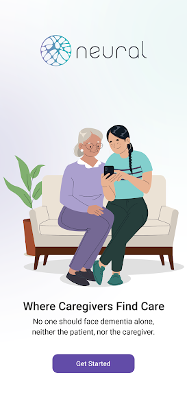 Neural app welcome screen showing a caregiver and loved one with a Get Started button