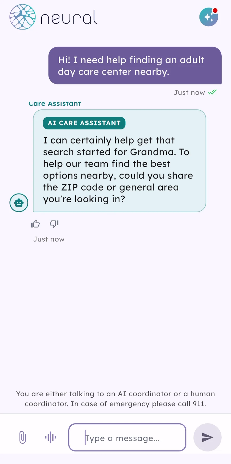 Neural chat helping a caregiver start a search for an adult day care center nearby