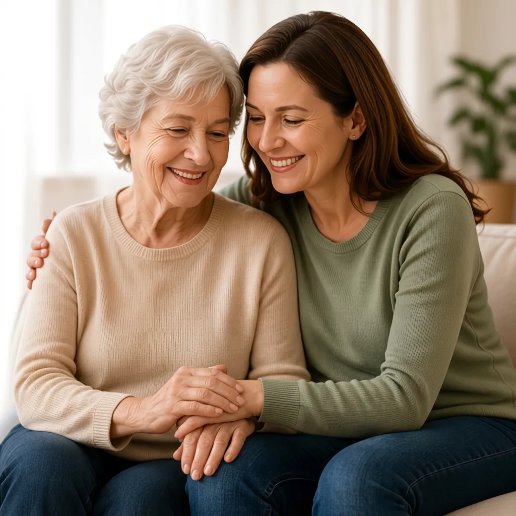 A daughter hugging her mother, both smiling