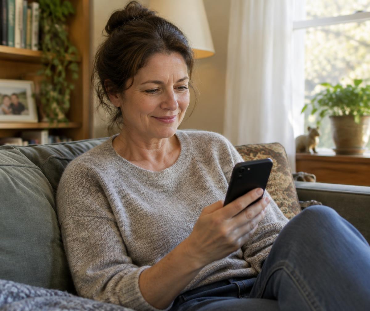 A caregiver at home on the sofa, smiling as she looks at her phone