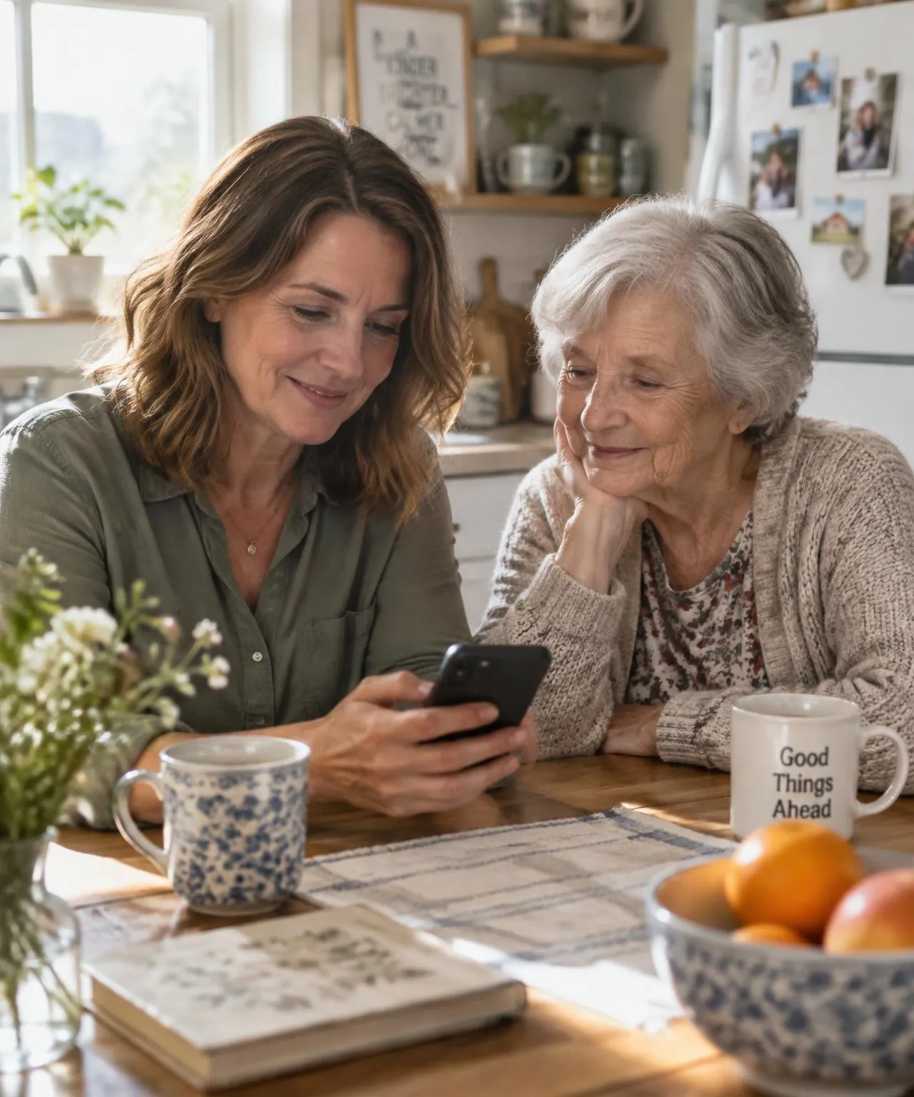 An adult daughter and her mother looking at a phone together at the kitchen table