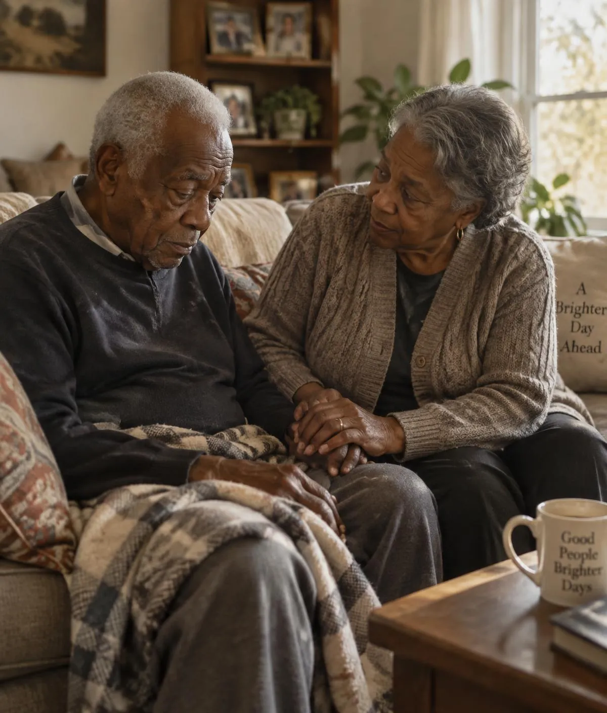 An older couple holding hands on their living room sofa